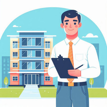 Businessman with clipboard and building on background. Vector illustration in flat styleのイラスト素材