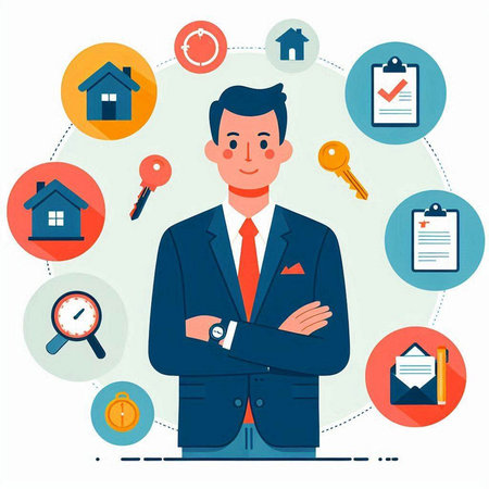 Vector illustration of businessman in a flat style. Businessman in a business suit with his arms crossed.のイラスト素材