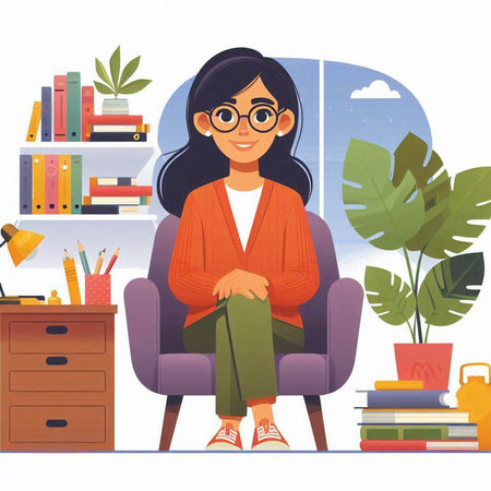 Young woman sitting in armchair at home. Flat style vector illustration.のイラスト素材