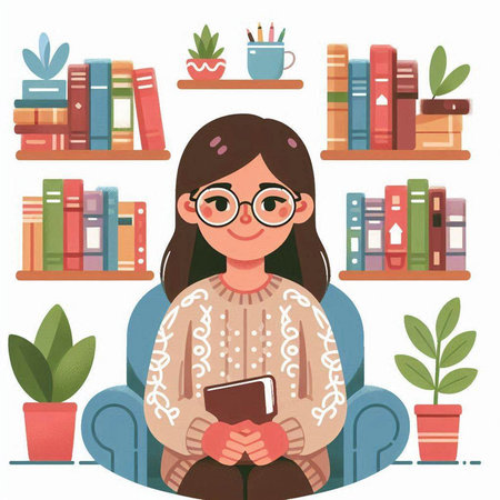 Cute girl in glasses reading a book in the library. Vector illustration.のイラスト素材