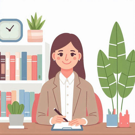 Business woman working in office. Vector illustration of a business woman sitting at the table and writing in a notebook.のイラスト素材