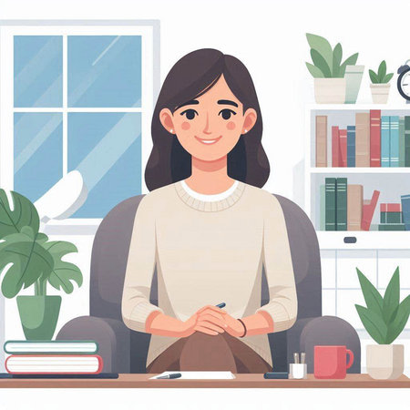 Woman sitting in armchair at home and writing in notebook. Vector illustrationのイラスト素材