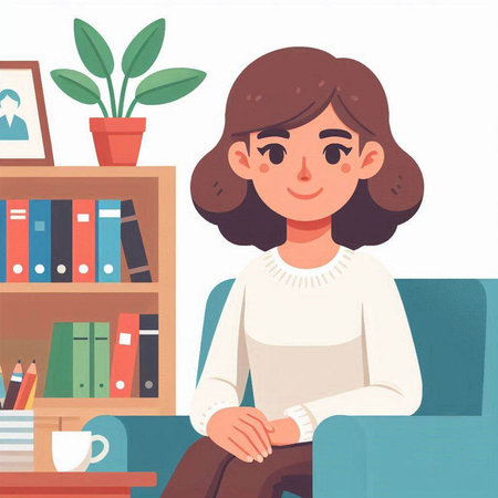 Young woman sitting on sofa at home and reading book. Vector illustration.のイラスト素材