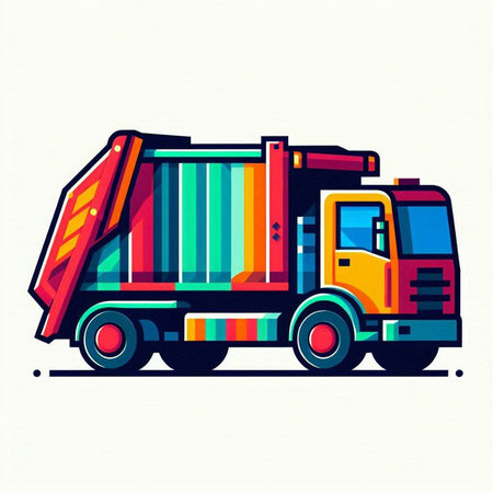 Vector illustration of a big yellow truck with a red roof and blue wheels.のイラスト素材