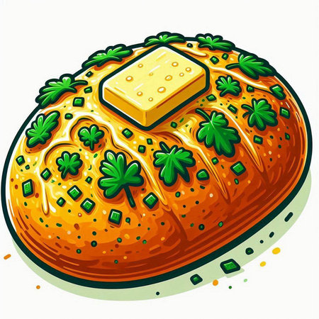 Illustration of a loaf of bread with butter and clover leavesのイラスト素材