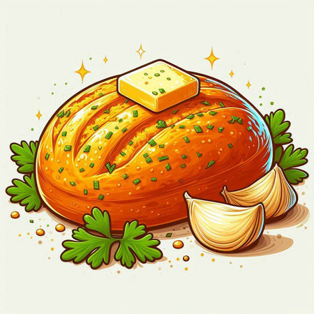 Illustration of a baked loaf of bread with garlic and parsleyのイラスト素材