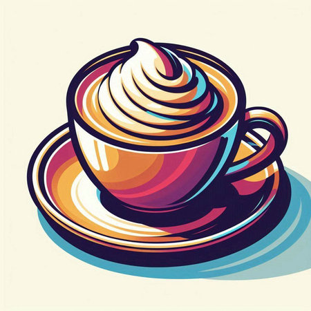 Coffee cup with whipped cream on saucer. Vector illustration.のイラスト素材