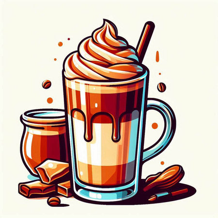Coffee cup with whipped cream and chocolate, vector illustration.のイラスト素材