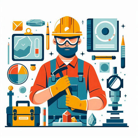 Engineer in helmet and overalls working with tools. Vector illustration in flat styleのイラスト素材