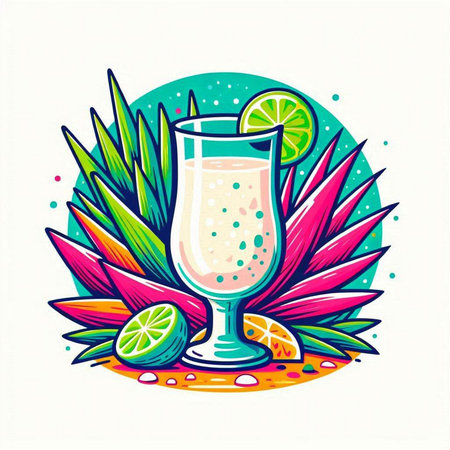 Cocktail with lime and pineapple. Hand drawn vector illustration.のイラスト素材