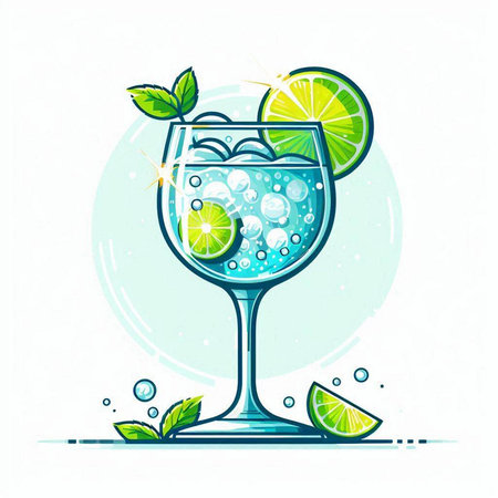 Cocktail with lime, mint and ice. Vector illustration.のイラスト素材