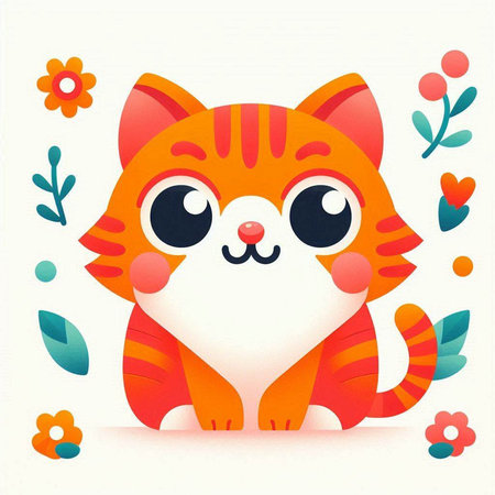 Cute red cat with flowers on white background. Vector illustration.のイラスト素材