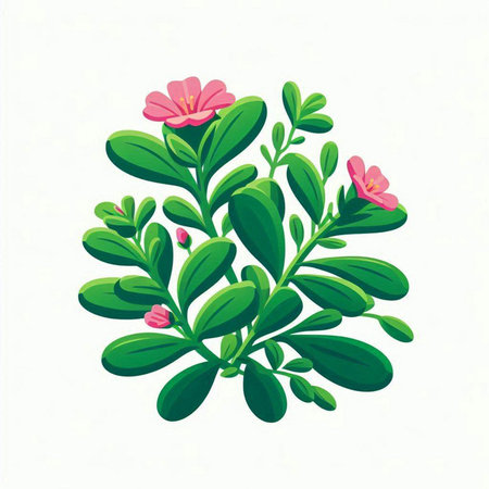 Illustration of a green plant with pink flowers on a white backgroundのイラスト素材
