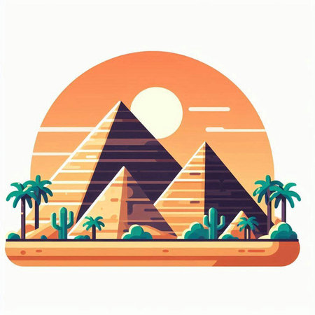 Egyptian pyramids with palm trees and sun in flat style. Vector illustrationのイラスト素材