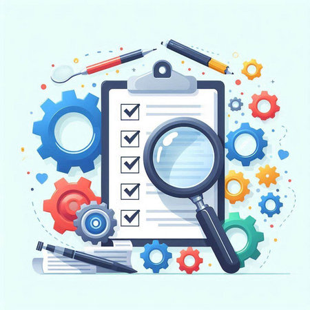 Clipboard with checklist, magnifying glass, gears and pen. Vector illustration.のイラスト素材