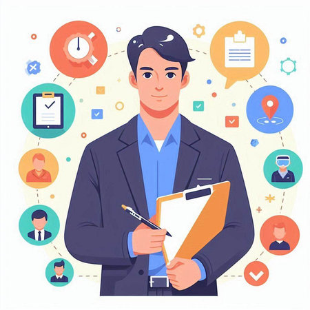 Businessman working with documents. Vector illustration in flat cartoon style.のイラスト素材