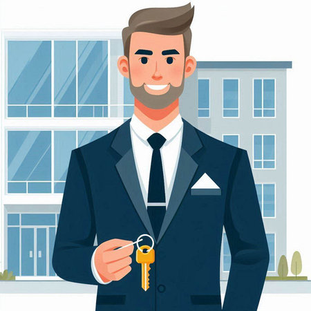 Real estate agent with keys in hand. Vector illustration in cartoon style.のイラスト素材