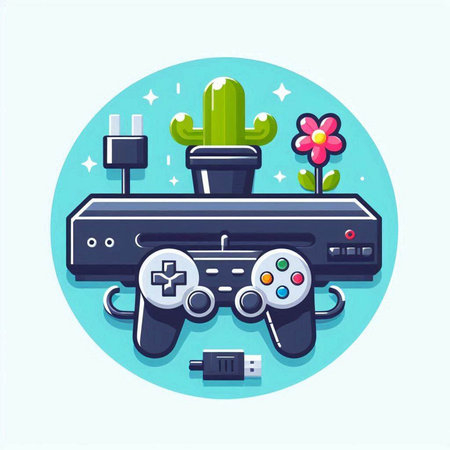 Gamepad, console and cactus. Flat design vector illustration.のイラスト素材