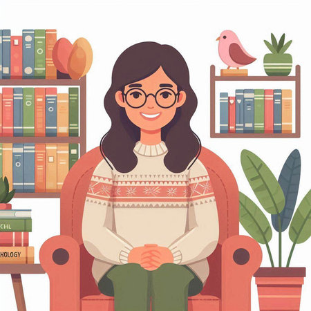 Woman sitting in armchair in library. Cartoon vector illustration. Girl in glasses sitting in armchair in library.のイラスト素材