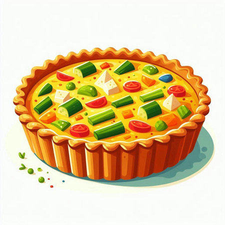 Illustration of a pie with vegetables and cheese on a white backgroundのイラスト素材