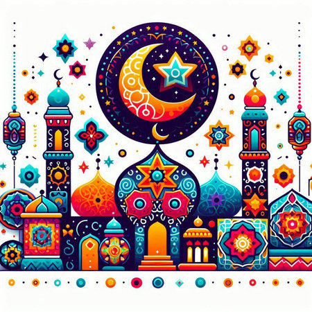Colorful Ramadan Kareem background with mosque and moon. Vector illustration.のイラスト素材