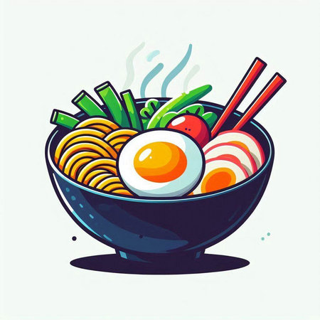 Bowl of noodle with egg and vegetables. Vector illustration.のイラスト素材