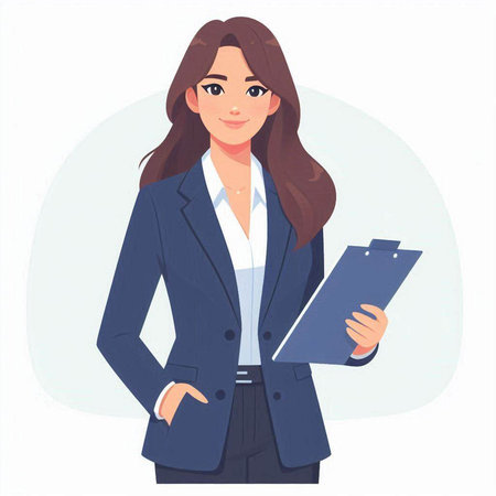 Businesswoman holding clipboard and looking at camera. Vector illustration in cartoon style.のイラスト素材