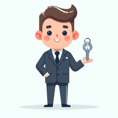Businessman holding key in hand. Vector illustration in cartoon style.のイラスト素材
