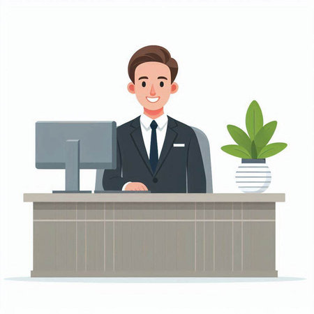 Businessman at office desk. Vector illustration in a flat style.のイラスト素材