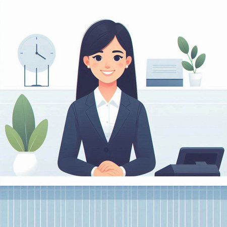 Beautiful businesswoman sitting at reception desk in office. Vector illustrationのイラスト素材