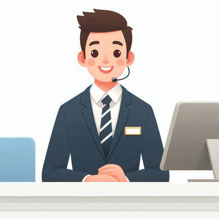 Illustration of a call center worker wearing a headset sitting at his deskのイラスト素材