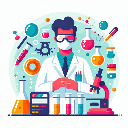 Scientist with equipment and science experiments. Flat design vector illustration.のイラスト素材