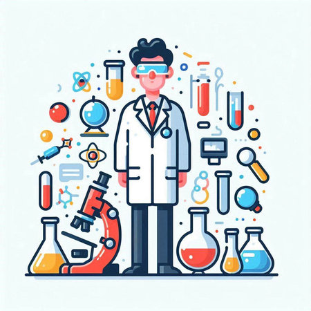 Scientist with equipment and science experiments. Vector illustration in flat styleのイラスト素材