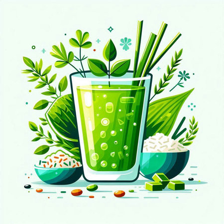 Glass of fresh mint smoothie with mint leaves. Vector illustration.のイラスト素材