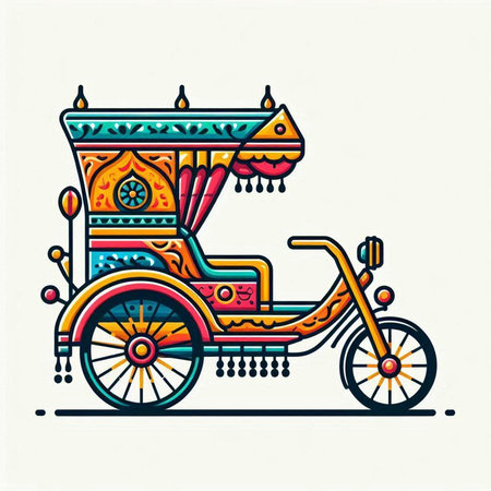 Colorful hand drawn Indian trishaw, vector illustration in doodle styleのイラスト素材