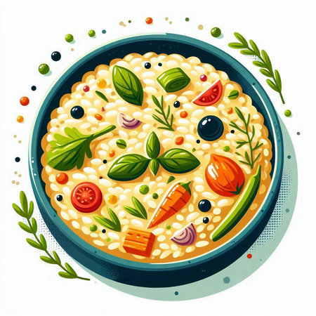 Risotto with vegetables and herbs in a bowl. Vector illustration.のイラスト素材