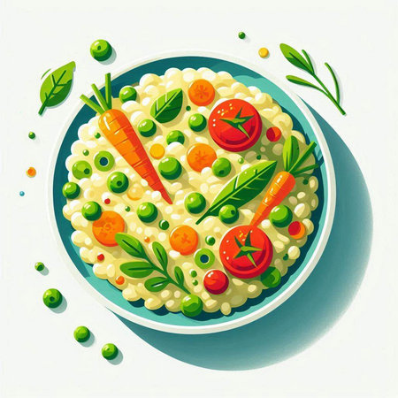 Vegetable risotto with carrot, green peas and parsley. Vector illustration.のイラスト素材