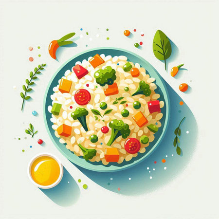 Risotto with vegetables and olive oil. Healthy food. Vector illustration.のイラスト素材