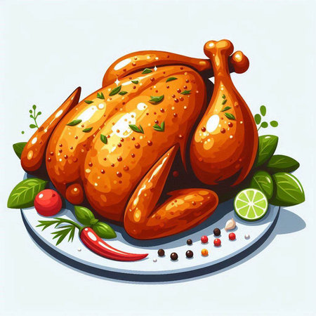 Roast chicken on a plate with herbs and spices. Vector illustration.のイラスト素材