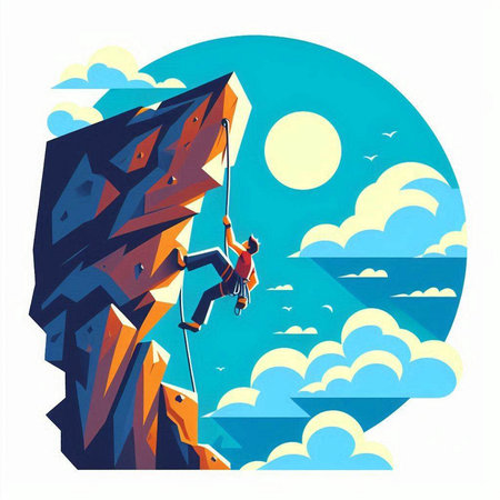 Vector illustration of rock climber climbing on a cliff in the sky.のイラスト素材