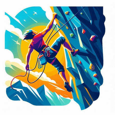 Illustration of a climber climbing a wall in the mountains.のイラスト素材