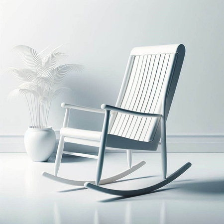 3d render of rocking chair in white room with flower in vaseのイラスト素材