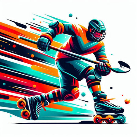 Hockey player with roller skates. Sport vector illustration. Colorful background.のイラスト素材