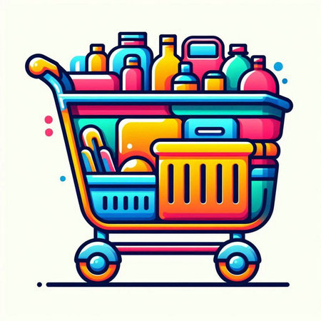 Shopping cart filled with different products. Grocery store, supermarket. Vector illustration in line art style.のイラスト素材