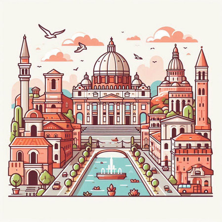 Venice cityscape with fountain and cathedral, Italy. Vector illustrationのイラスト素材