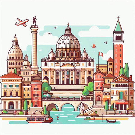 Cityscape of Rome, Italy. Vector illustration in line art styleのイラスト素材