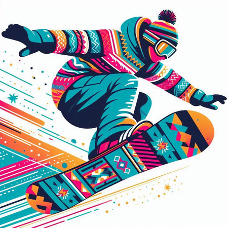 Vector illustration of snowboarder jumping on colorful background with stripes.のイラスト素材