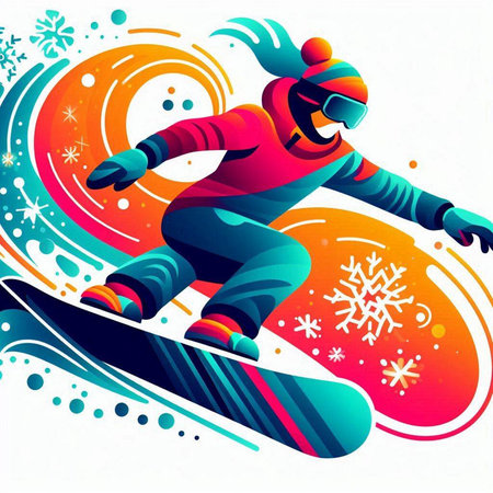 Snowboarder jumping on colorful background with snowflakes. Vector illustration.のイラスト素材