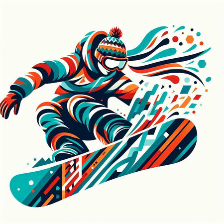Vector illustration of snowboarder jumping on a background of colored spotsのイラスト素材