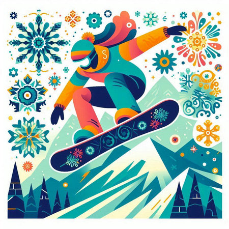 Snowboarder jumping in mountains with snowflakes. Vector illustration.のイラスト素材